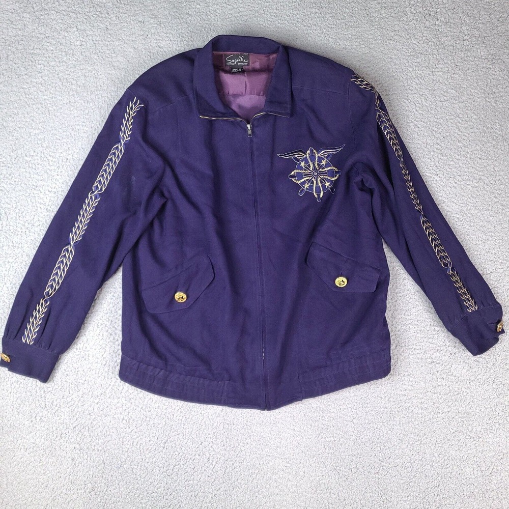 Vintage Suzelle Jacket Womens Size 10 Purple‎ Full Zip Silk Embroidered Lined